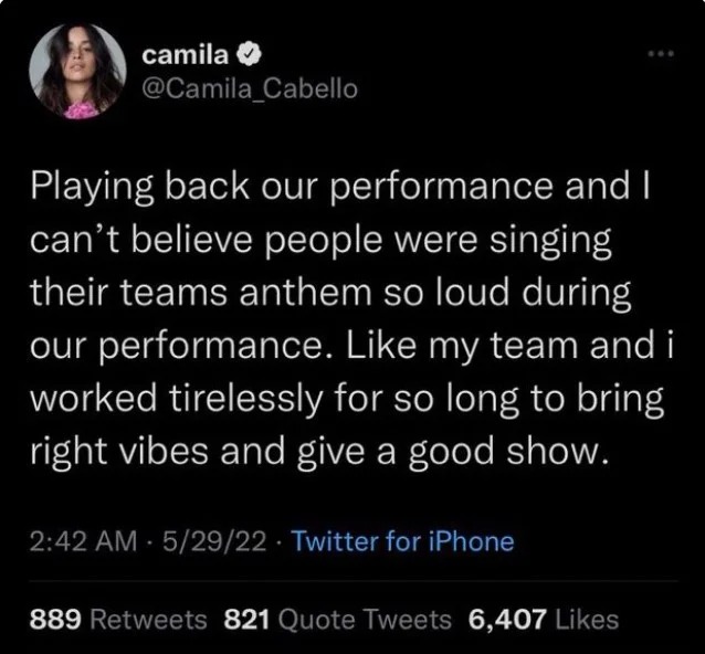 Tangkapan layar unggahan Camila Cabello di Twitter