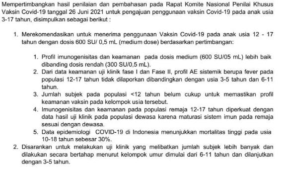 BPOM Rekomendasikan Vaksin Sinovac untuk Anak Usia 12-17 Tahun