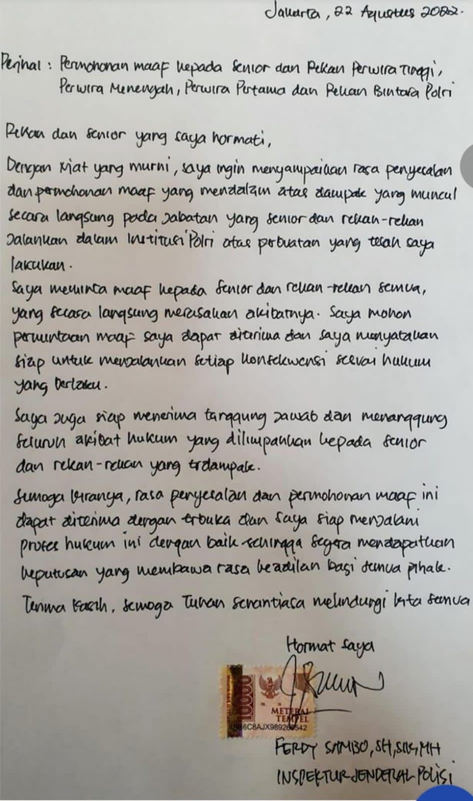 Isi Lengkap Surat Ferdy Sambo: Menyesal dan Minta Maaf pada Rekan Polri