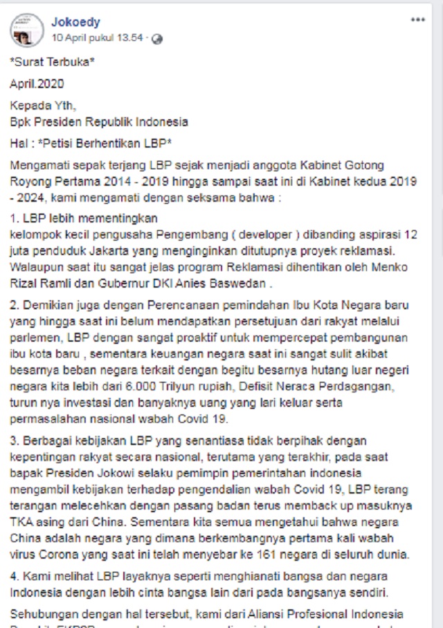 Cek Fakta Surat Pemecatan Luhut Binsar Pandjaitan Beredar Di