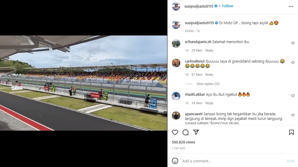 Susi Pudjiastuti menonton balap MotoGP Mandalika 2022. Instagram susipudjiastuti115