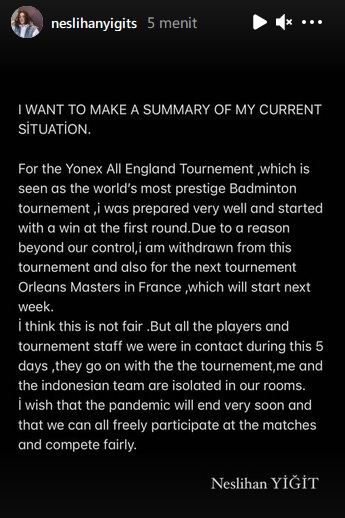 Senasib dengan Indonesia, Neslihan Yigit Ikutan Ngedumel Usai Mundur dari All England 2021