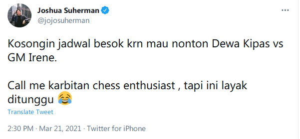 Pertandingan Persahabatan Dewa Kipas vs GM Irene Sukandar, Joshua: Layak Ditunggu