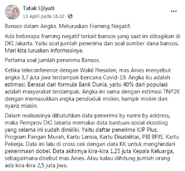 [Cek Fakta] Setiap Keluarga di DKI Jakarta Diberi Bantuan Sebesar Rp1,2 juta? Ini Faktanya
