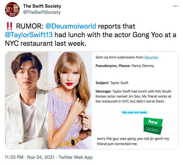Taylor Swift dan Gong Yoo terlihat makan bersama. Foto: KBIZoom