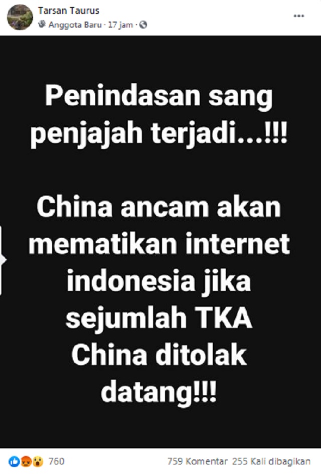 [Cek Fakta] Jika TKA Tiongkok Ditolak Masuk Indonesia, Internet akan Diblokir? Ini Faktanya