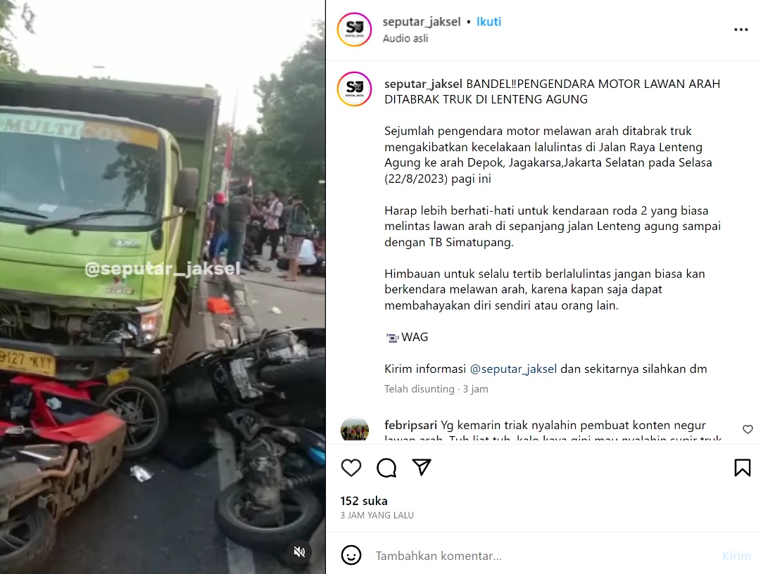 7 Pengendara Motor Lawan Arah Ditabrak Truk di Lenteng Agung