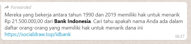 [Cek Fakta] Pekerja dari Tahun 1990-2019 Bisa Tarik Tunai Rp21 Juta dari Bank Indonesia ? Ini Faktanya