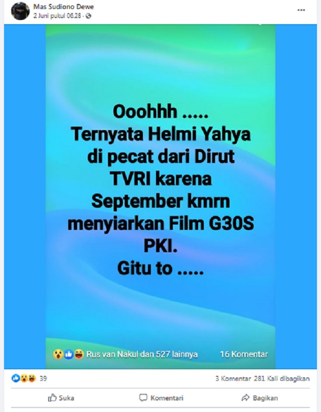 [Cek Fakta] Helmy Yahya Dipecat dari TVRI karena Siarkan Film G30S/PKI? Ini Faktanya