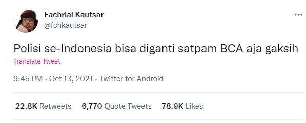 Cuitan warganet soal Satpam BCA. Twitter @fchkautsar