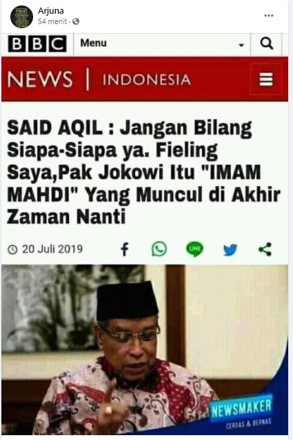 [Cek Fakta] Ketum PBNU KH Said Aqil Siradj Sebut Jokowi Adalah Imam Mahdi? Ini Faktanya