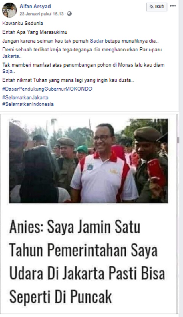 [Cek Fakta] Hanya Butuh Setahun, Anies Jamin Udara di Jakarta Sama seperti di Puncak? Ini Faktanya