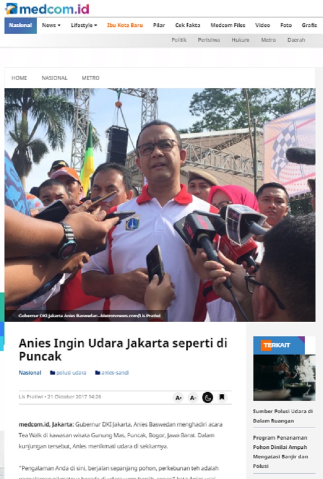 [Cek Fakta] Hanya Butuh Setahun, Anies Jamin Udara di Jakarta Sama seperti di Puncak? Ini Faktanya
