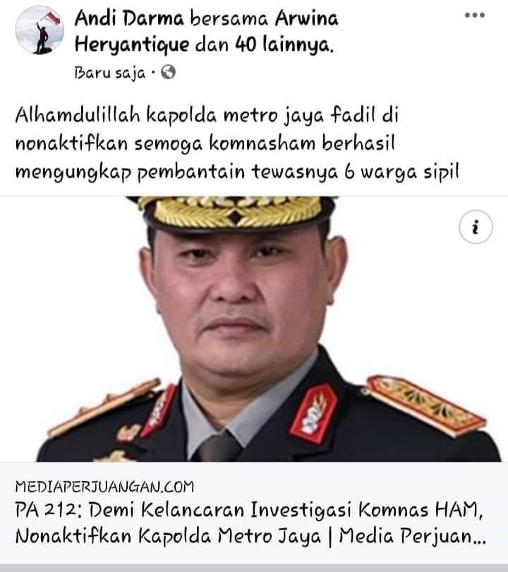 [Cek Fakta] Kapolda Metro Jaya Irjen Fadil Imran Dinonaktifkan? Ini Faktanya