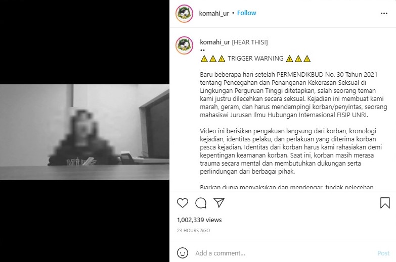 Mahasiswi HI Unri alami pelecehan seksual oleh dosen. Sumber: Instagram @komahi_ur