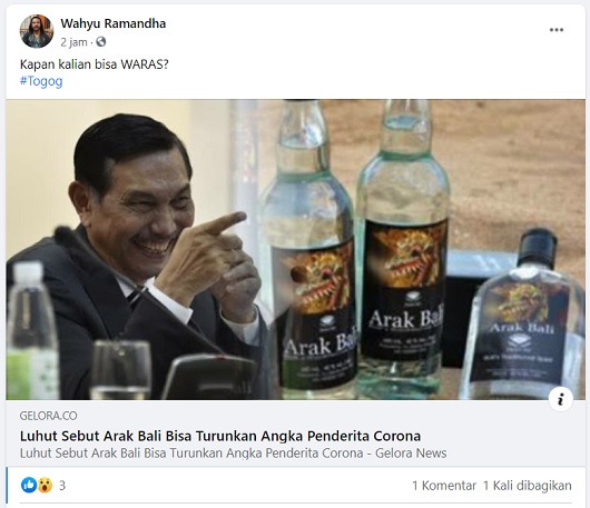 [Cek Fakta] Luhut Sebut Arak Bali Mampu Turunkan Angka Positif Covid-19? Ini Faktanya