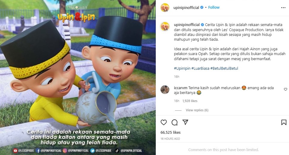 Tim produksi serial Upin & Ipin buka suara. Instagram @upinipinofficial