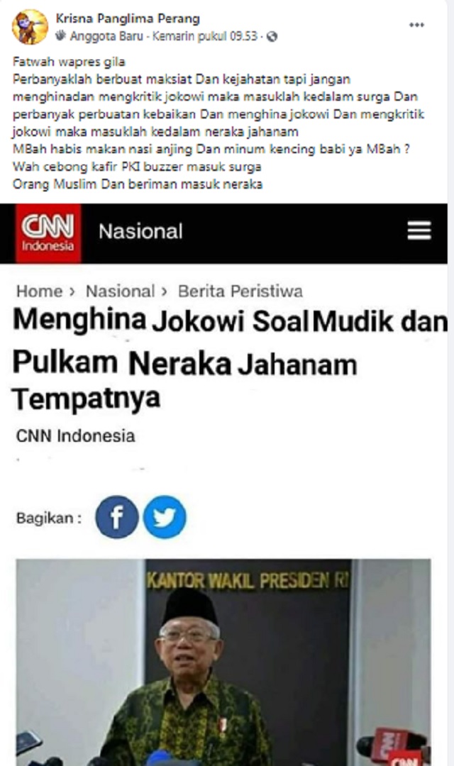 [Cek Fakta] Benarkah Fatwa Wapres Menghina Jokowi soal Mudik dan Pulkam Neraka Jahanam Tempatnya?