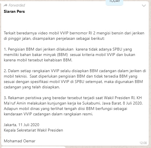 Cek Fakta Mobil Dinas Wapres Maruf Amin Isi Bensin Eceran Ini