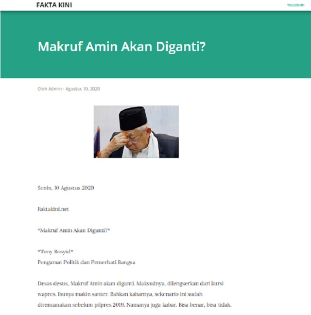 [Cek Fakta] Wakil Presiden Ma'ruf Amin Mundur dan Digantikan Prabowo? Ini Faktanya