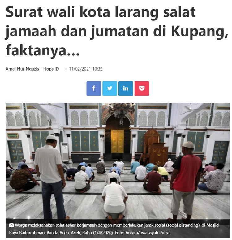 [Cek Fakta] Surat Edaran Wali Kota Kupang Melarang Salat Berjamaah ? Ini Faktanya