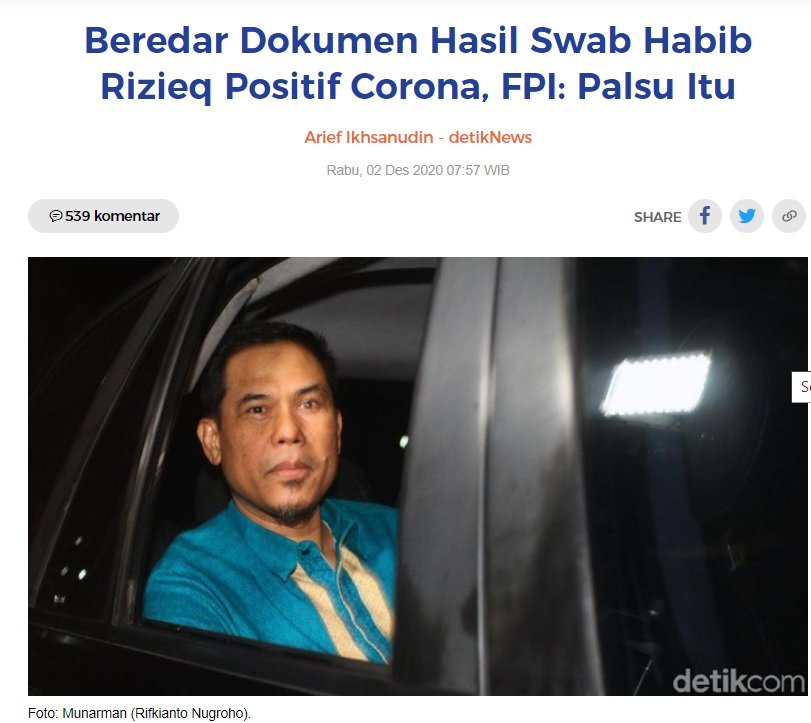 [Cek Fakta] Foto Hasil Tes Swab Rizieq Shihab Positif Covid-19? Ini Faktanya