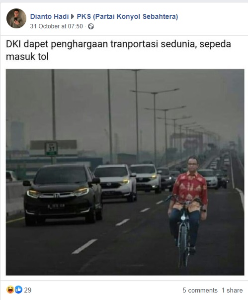 [Cek Fakta] Sepeda Masuk Tol Alasan Jakarta Raih Penghargaan Dunia? Ini Faktanya