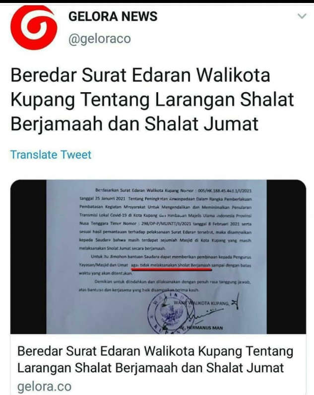 [Cek Fakta] Surat Edaran Wali Kota Kupang Melarang Salat Berjamaah ? Ini Faktanya