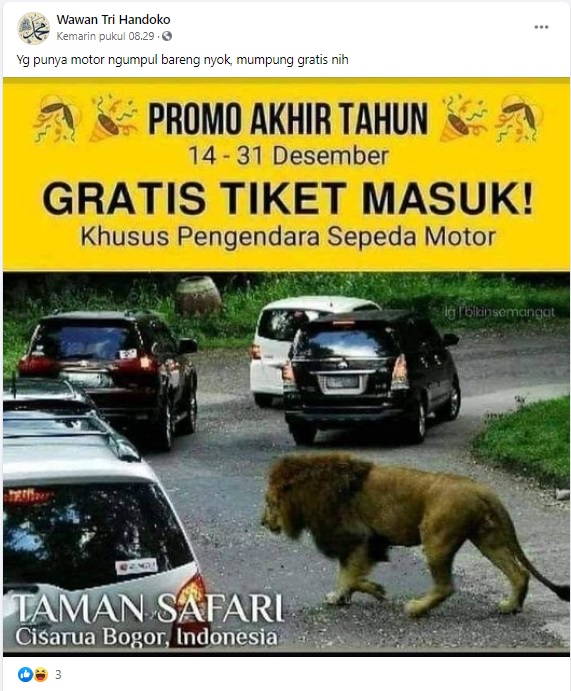 [Cek Fakta] Promo Akhir Tahun Tiket Gratis Taman Safari Bogor untuk Roda Dua? Ini Faktanya