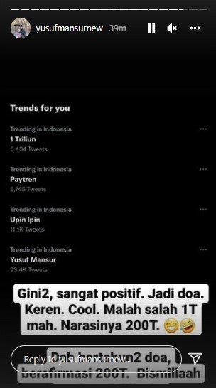 Komentar Yusuf Mansur jadi trending topic. Instagram yusufmansurnew