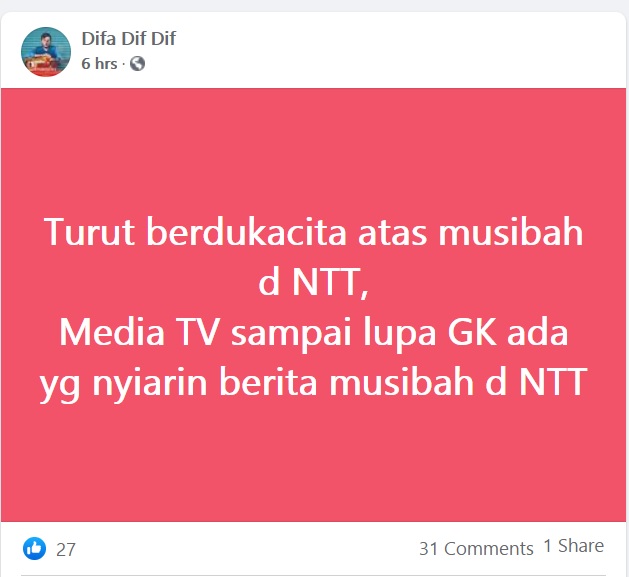 [Cek Fakta] Tidak Ada Media TV Beritakan Bencana Banjir Bandang di NTT? Ini Faktanya