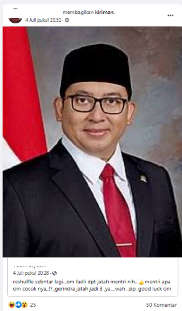 [Cek Fakta] Fadli Zon Dapat Jatah Menteri? Ini Faktanya