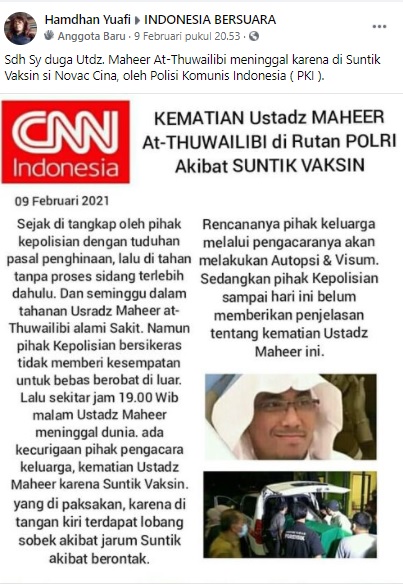 [Cek Fakta] Ustaz Maaher At-Thuwailibi Meninggal karena Disuntik Vaksin? Ini Faktanya