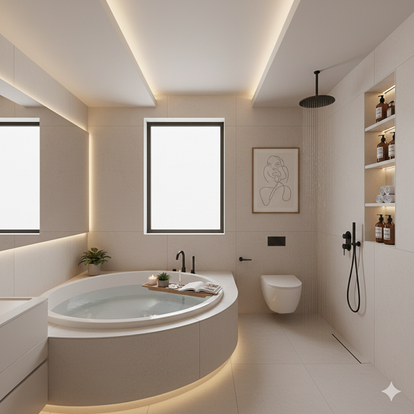 Desain Kamar Mandi dengan Bathtub dan Shower yang Minimalis Namun Tetap Mewah