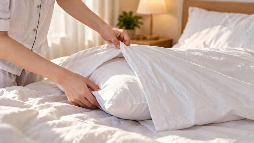 Changing a Pillowcase in a Cozy Bedroom