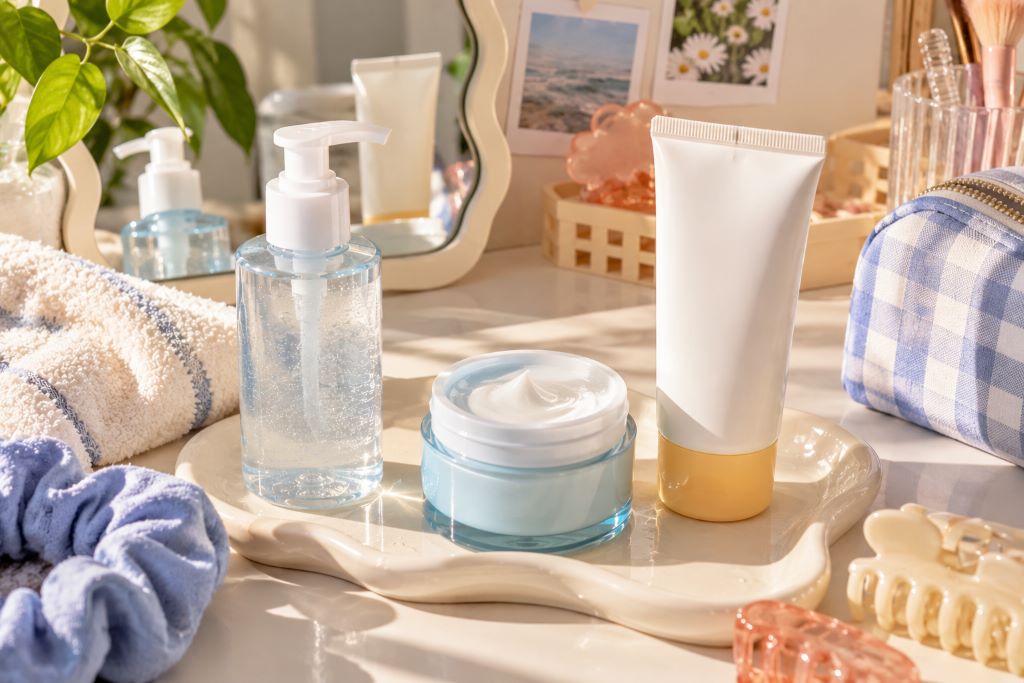 Flatlay Skincare Estetik Bermandikan Cahaya Hangat