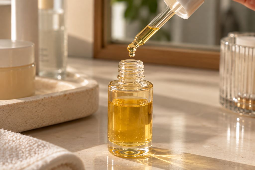 Golden Serum Dropper on Vanity