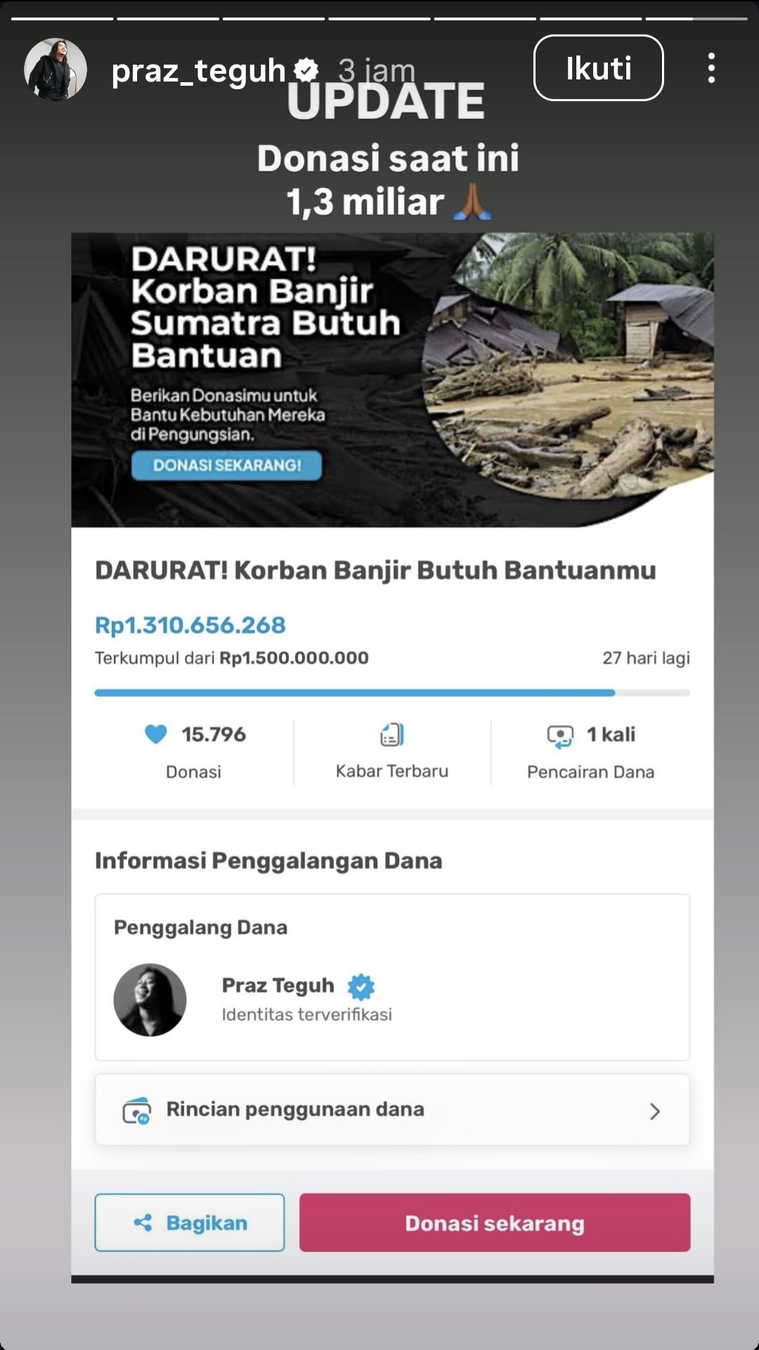 Makam Ibu Terdampak Banjir, Praz Teguh Pulang Kampung Bawa Donasi Rp1,3 Miliar