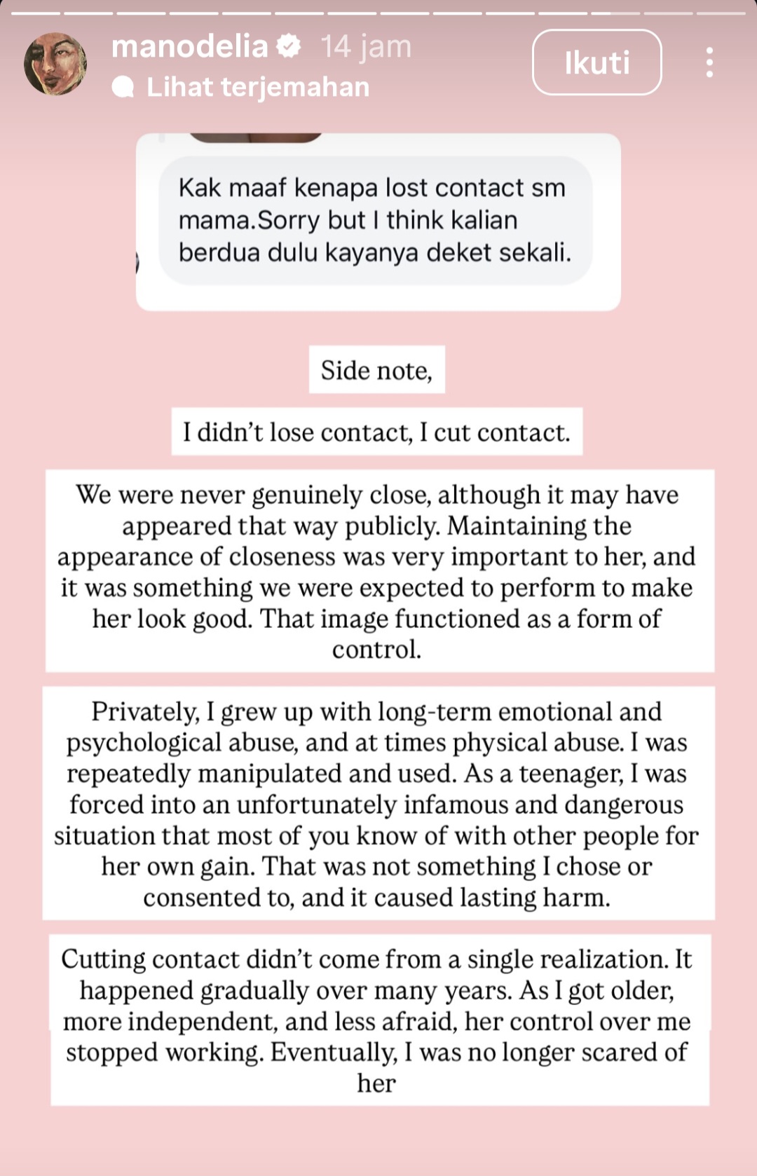 Manohara Putus Komunikasi dengan Ibunya, Ungkit Penyiksaan Emosional dan Fisik