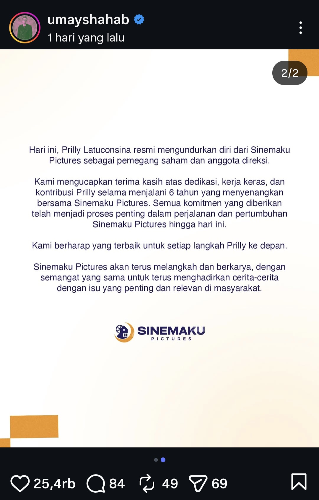 Ditinggal Prilly Latuconsina, Umay Shahab Ungkap Masa Depan Sinemaku Pictures