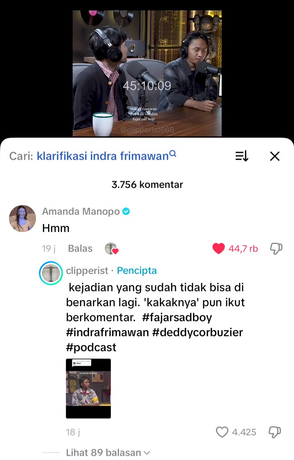 Viral Indra Frimawan Ludahi Fajar Sadboy di Podcast, Amanda Manopo Ikut Bereaksi