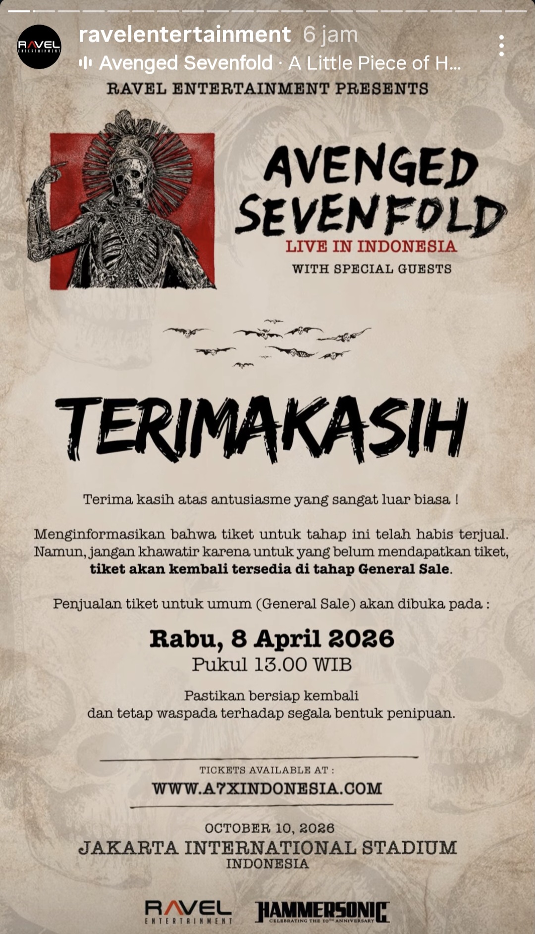Tiket Presale Konser Avenged Sevenfold Jakarta Ludes dalam Hitungan Detik
