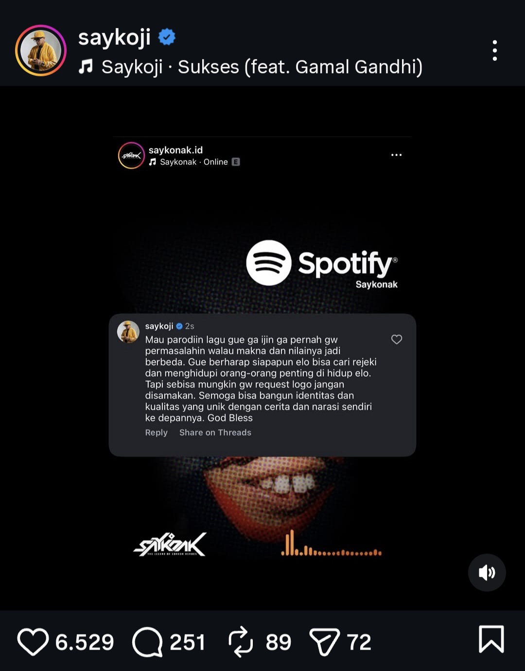 Lagunya Diparodikan Tanpa Izin, Saykoji Pilih Reaksi Mengejutkan
