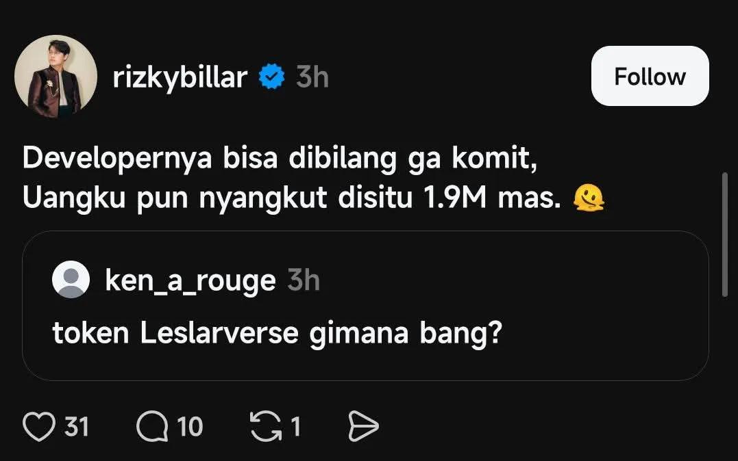Rizky Billar Rugi Miliaran Rupiah Akibat Koin Leslarverse, Ini Penyebabnya