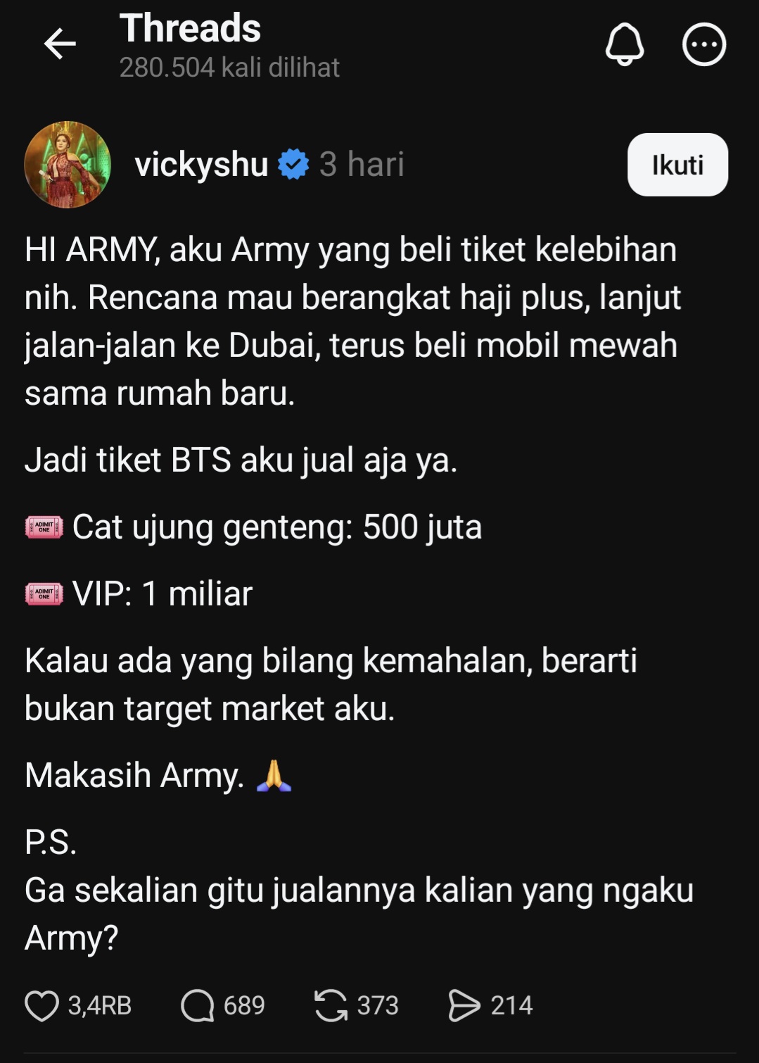 Vicky Shu Sindir Calo Tiket BTS dengan Harga Fantastis, ARMY Merasa Terwakili