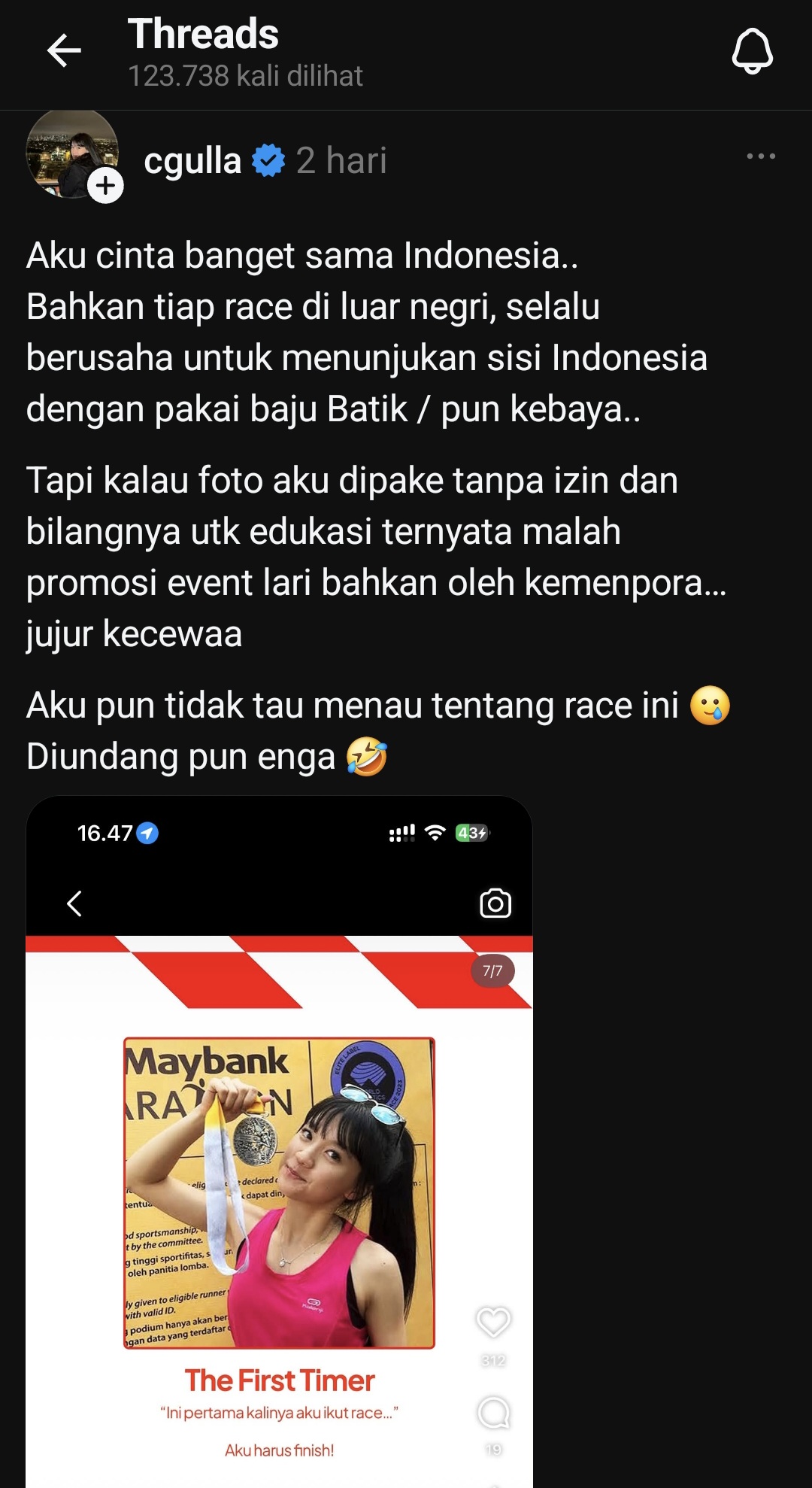 Cindy Eks JKT48 Kecewa Fotonya Dipakai Tanpa Izin untuk Promosi Event Lari Kemenpora
