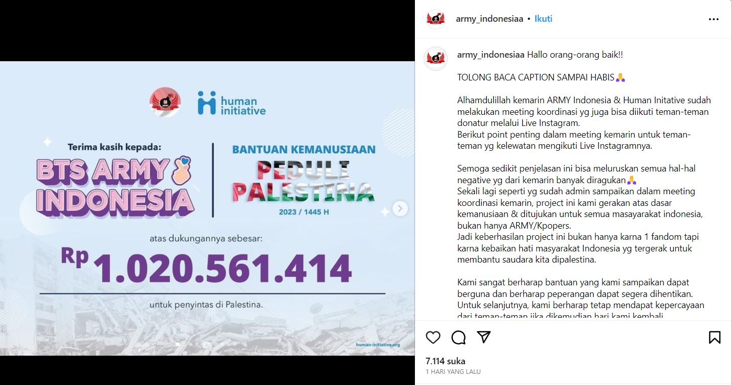 Keren! ARMY Indonesia Berhasil Galang Dana Rp1 Miliar untuk Palestina dalam 4 Hari