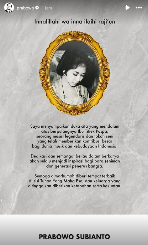 Titiek Puspa Meninggal Dunia, Presiden Prabowo Berduka