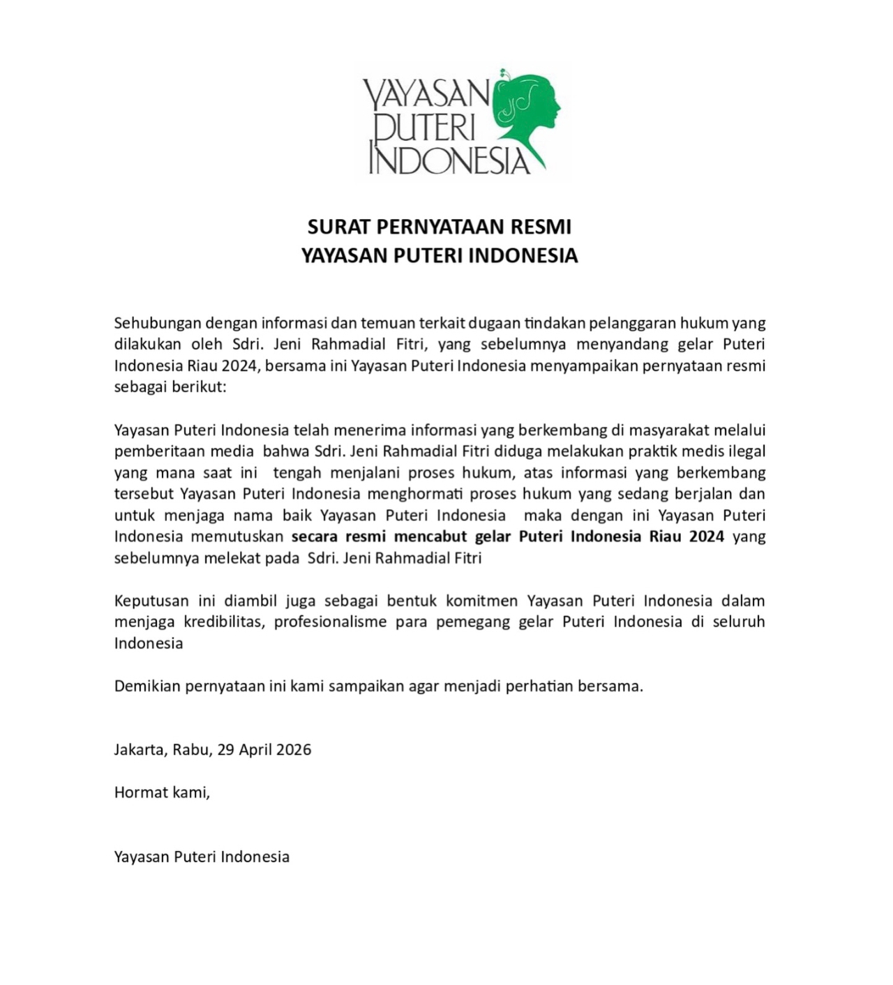 Yayasan Puteri Indonesia Cabut Gelar Jeni Rahmadial Fitri Usai Ditahan Kasus Klinik Ilegal