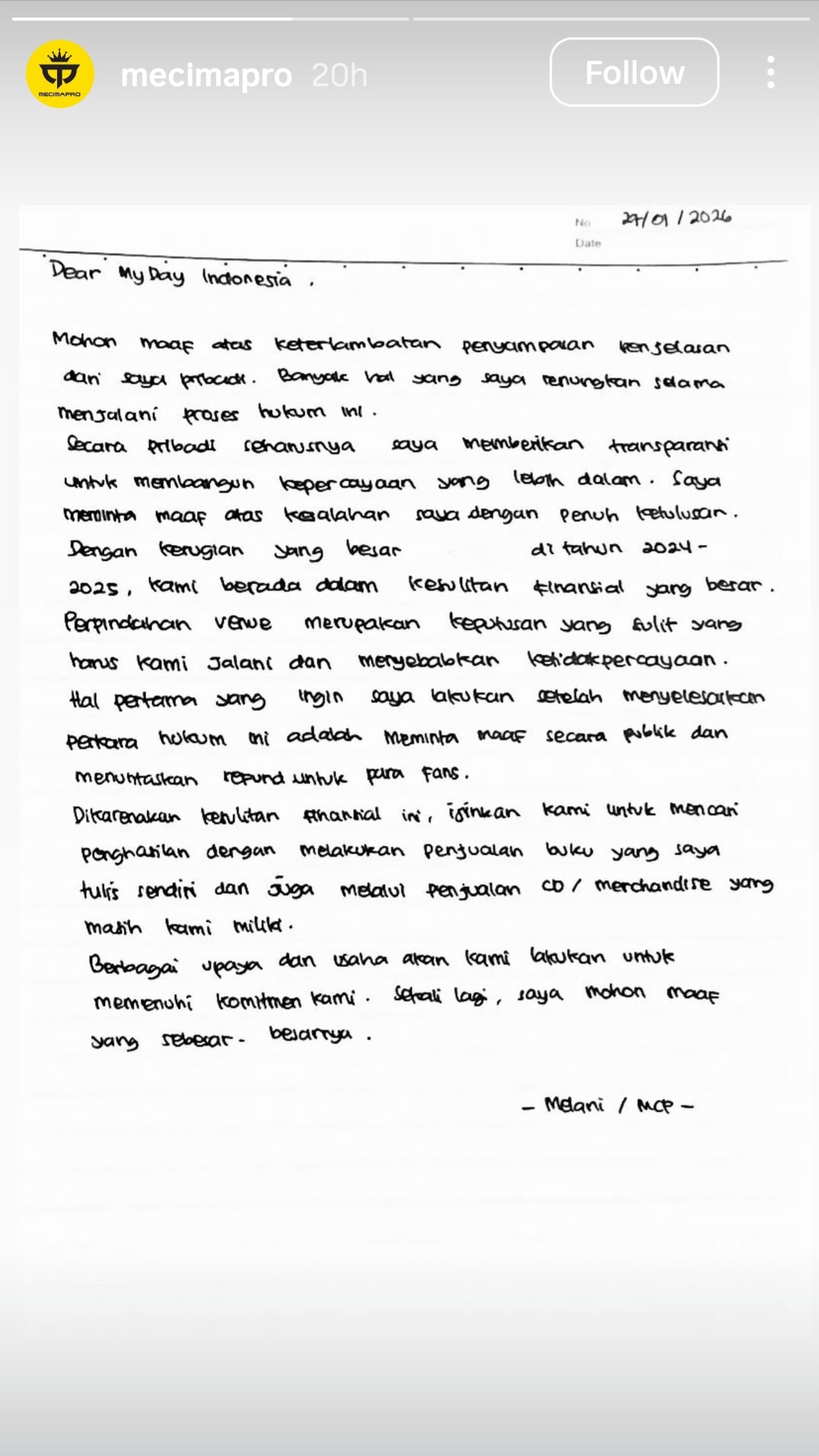 Melani Mecimapro Janji Refund Konser DAY6, Minta Waktu Cari Dana Tambahan